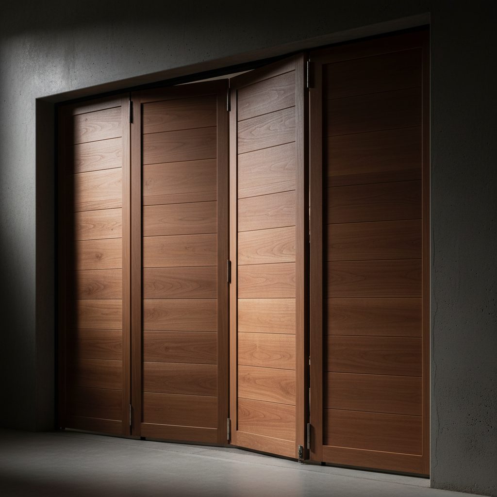 Western red cedar bifolding garage door with clear natural finish