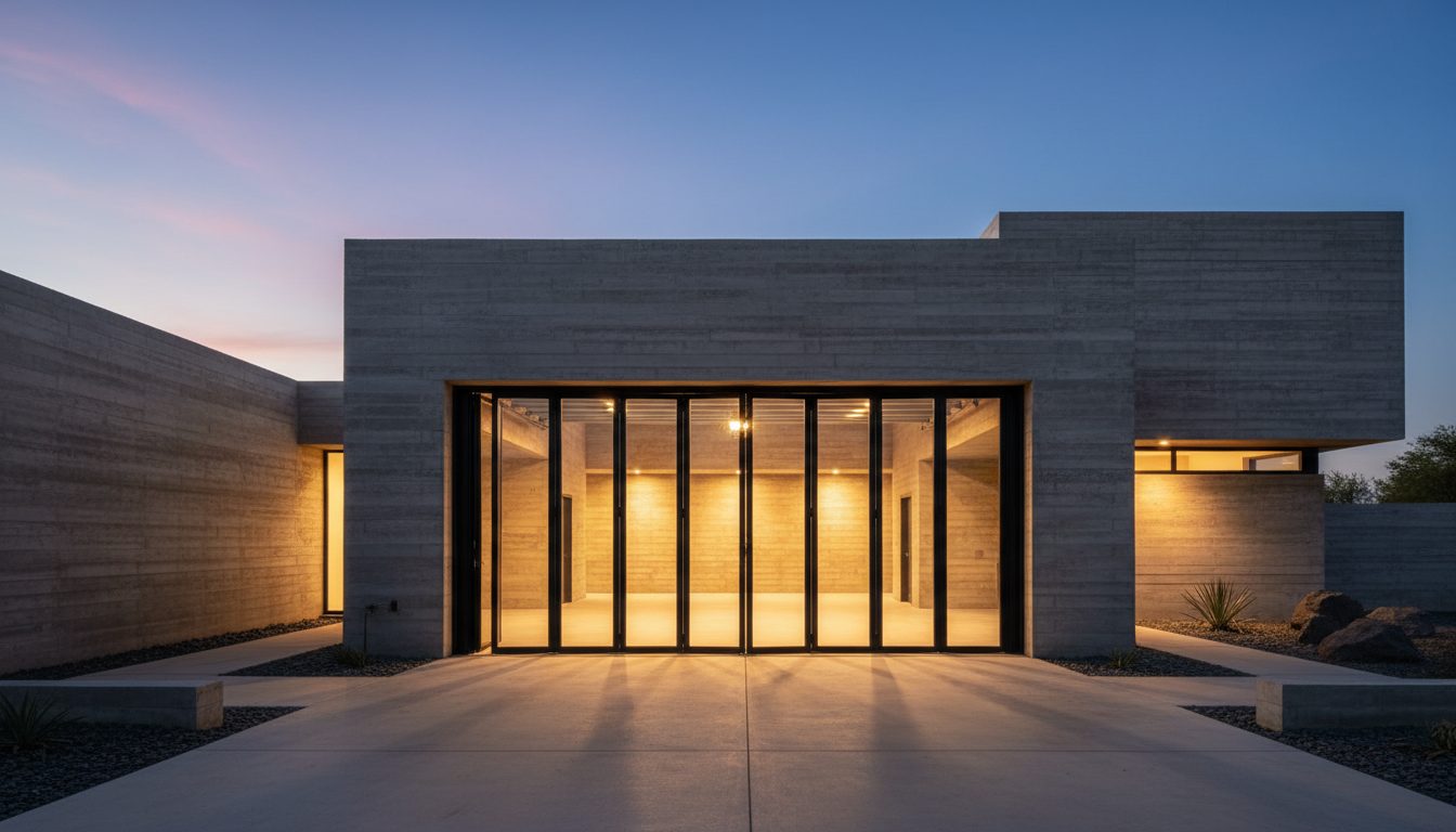 Modern brutalist home with glowing bifold glass garage door at dusk