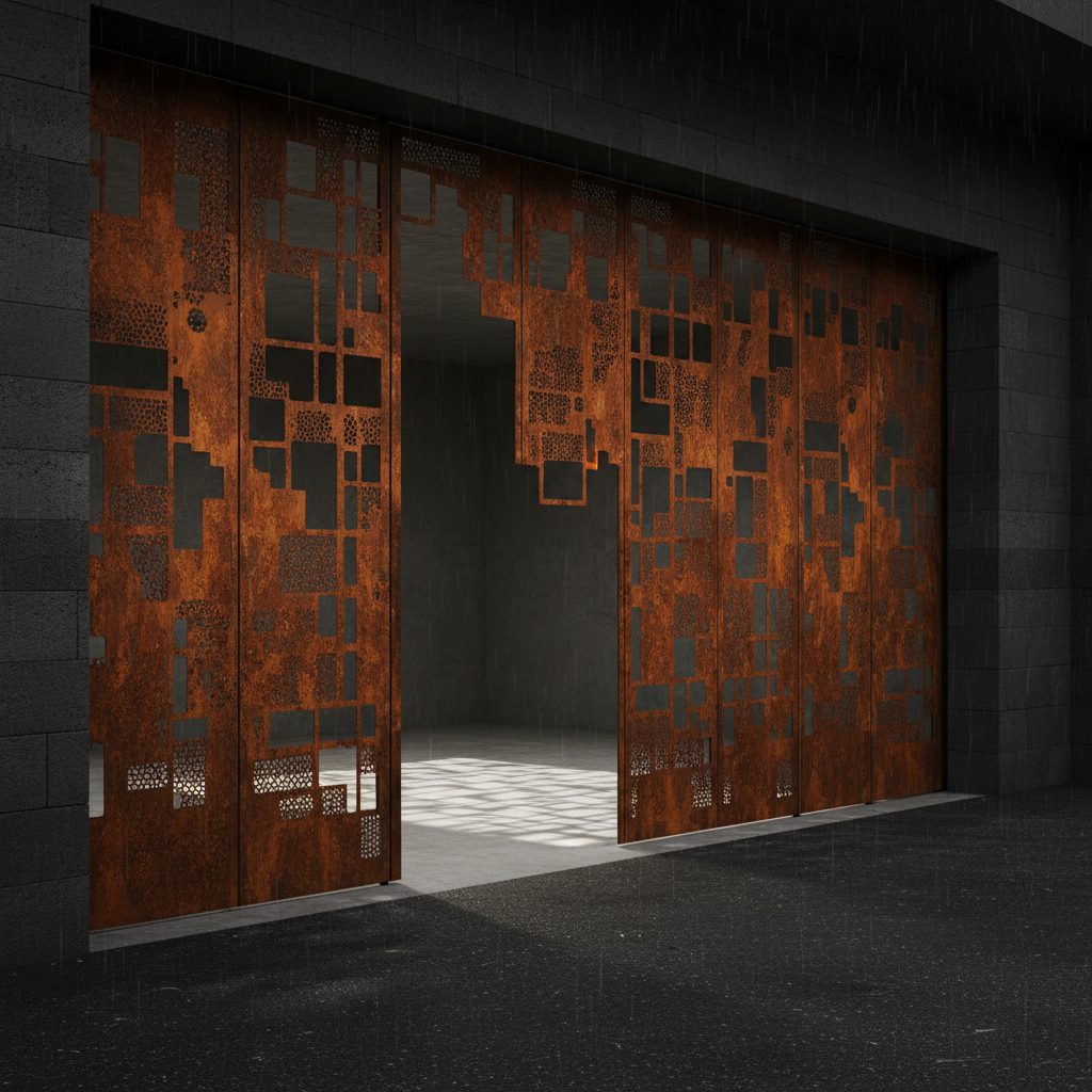 Modern bifolding perforated corten steel garage door with weathered rust patina