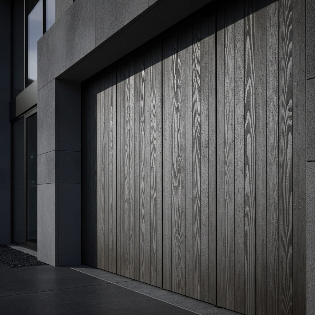 Bifolding garage door in charred shou sugi ban Japanese cedar with light gray linseed finish