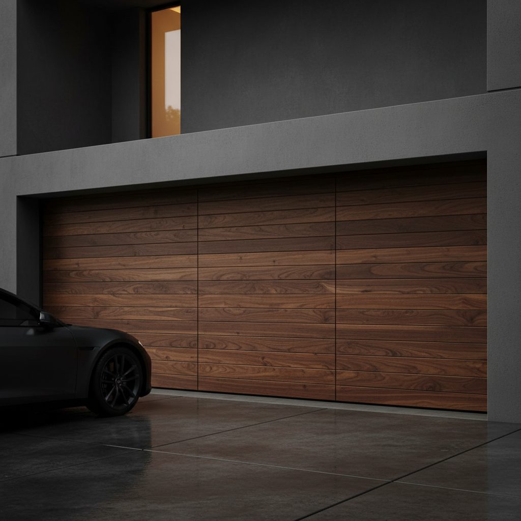 Luxury bifolding black walnut garage door with rich figured grain and horizontal slat panels