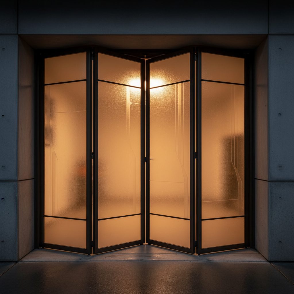 Frosted glass bifolding garage door with slim dark bronze metal frame and warm diffused glow