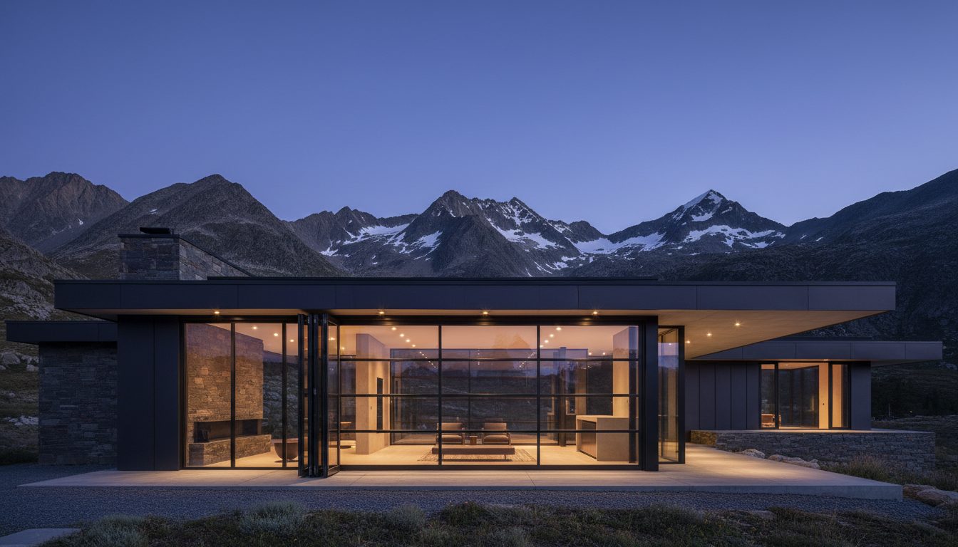 Modern mountain retreat with floor-to-ceiling bifolding glass garage door panels