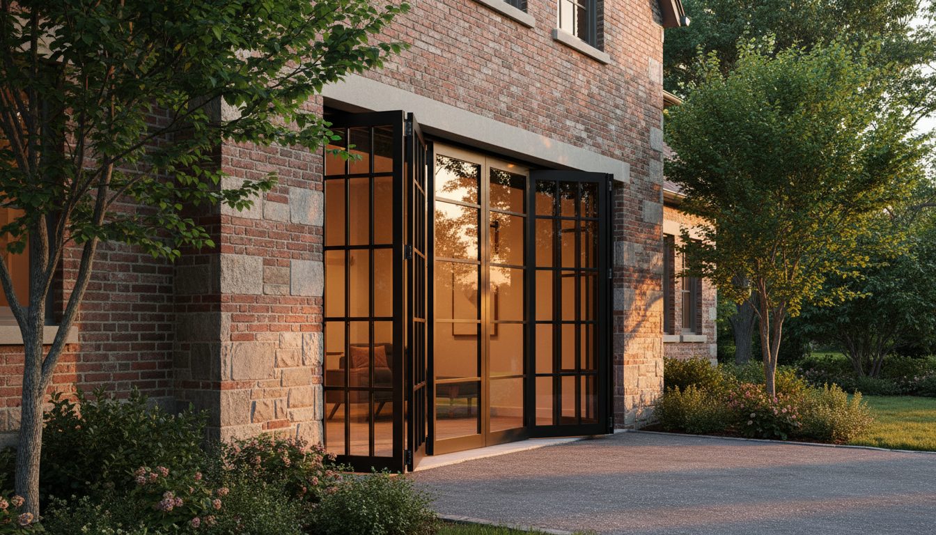 Heritage-style home with modern bifolding garage door blending brick and glass