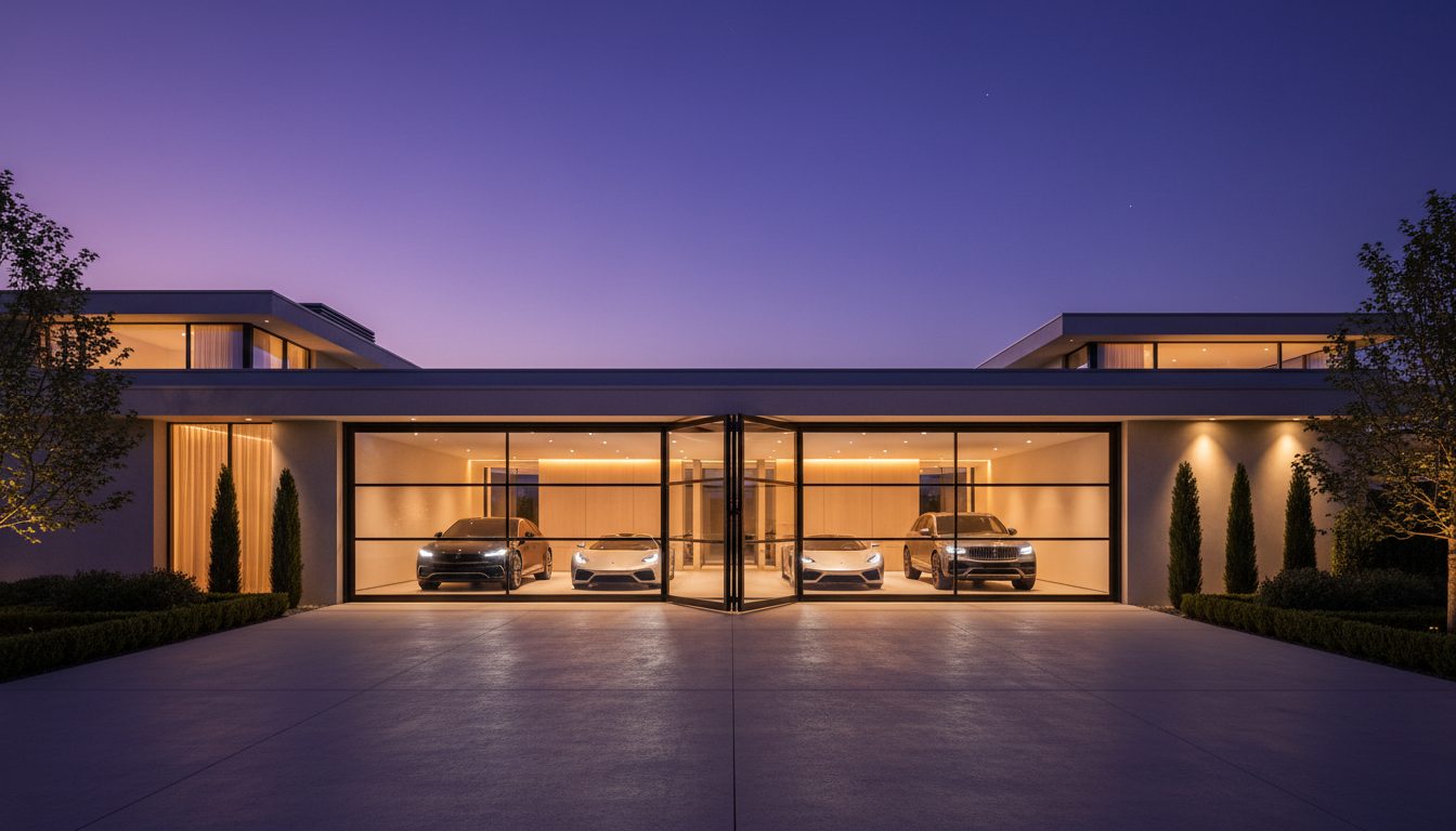 Luxury modern villa with triple-bay bifolding glass garage door at twilight
