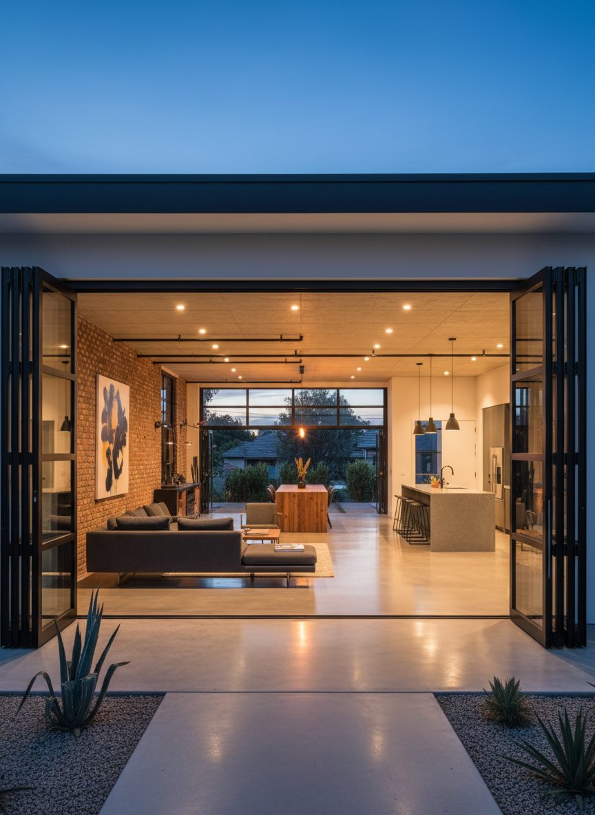 Contemporary bifolding glass garage door with slim black steel frames
