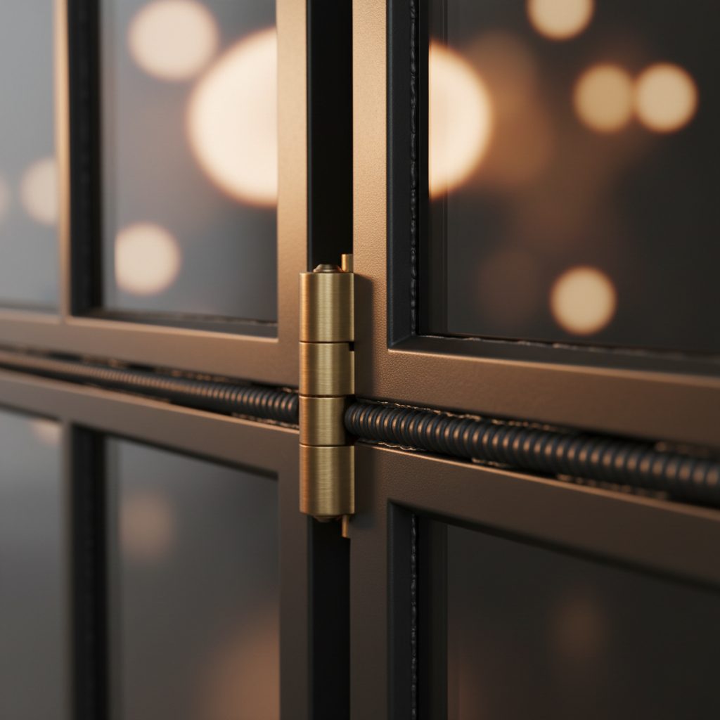 Close-up of brushed bronze hinge mechanism